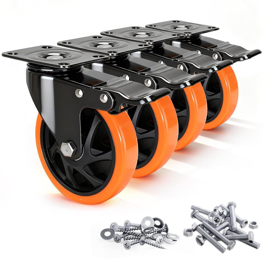 Caster Wheels 5"Heavy Duty Caster Wheels Set of 4, Dual Lock PU Casters, Industrial Swivel Casters for Workbench, Furniture & Tool Cart Smooth, Silent & Durable
