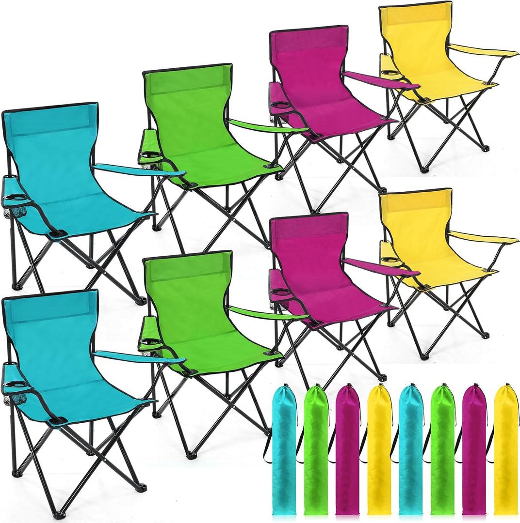 8 Pcs Regular Size Folding Camping Chairs with Cupholder and Carry Bag Portable Lightweight Lawn Chair with Side Mesh Pocket for Fishing Hiking Picnic Beach Outdoor Party(Stylish)