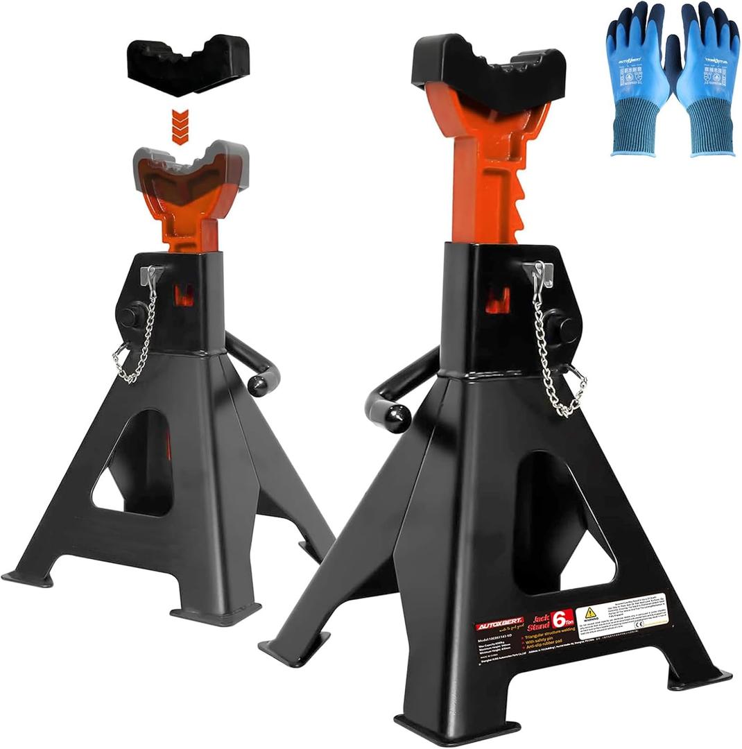 Jack Stands 6 Ton with Double Locking Pins,Rubber Pads,Large Foot Base,for Lifting Trucks Cars SUVS UTV ATV, 15.75-23.23inch Adjustable Height,Heavy Duty Steel Jack Stands,13000 lb Capacity,1 Pair (6T+Rubber Pads+Gloves)