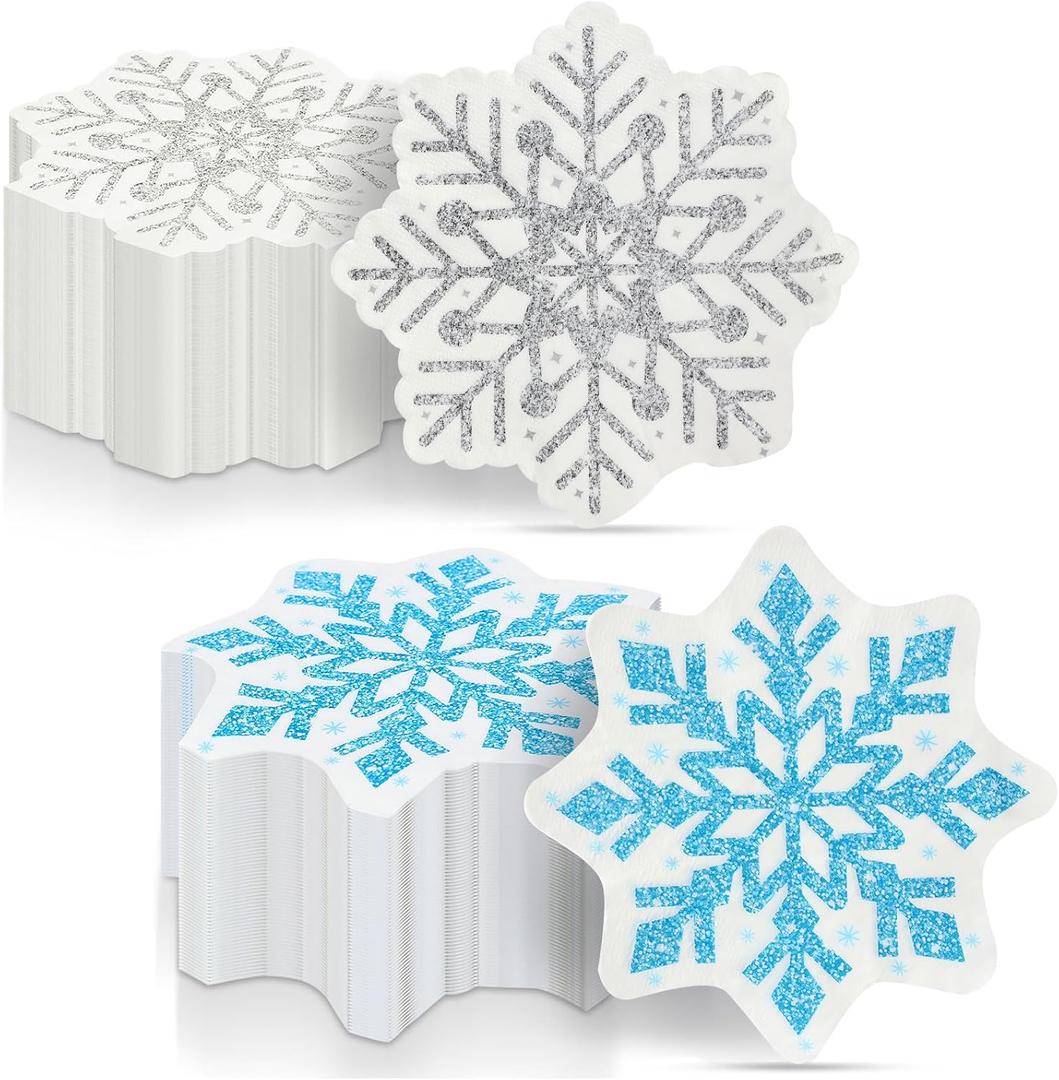 Honoson 100 Pcs Snowflake Napkins Bulk 3 Ply Christmas Paper Napkins 6.5 x 6.5 Inch Winter Silver Blue Snowflake Cocktail Guest Hand Towels for Christmas Winter Holiday Dinner Party Supplies