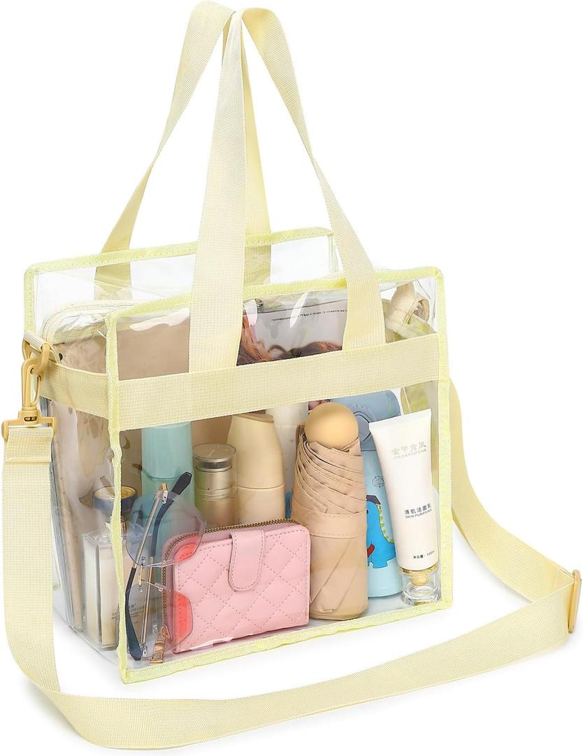 Clear Beach Bag for Women, Large Clear Tote Bag for Stadium Events - Zipper Closure, Waterproof, Sandproof (Adjustable Strap - Beige)