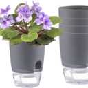 3.2 Inch Self Watering Planters Plastic Planter Pots 5 Pack Wicking Flower Pots Modern Decorative Planter for Small African Violets House Plants,Herbs,Indoor Outdoor Plant (Grey) (Gray)
