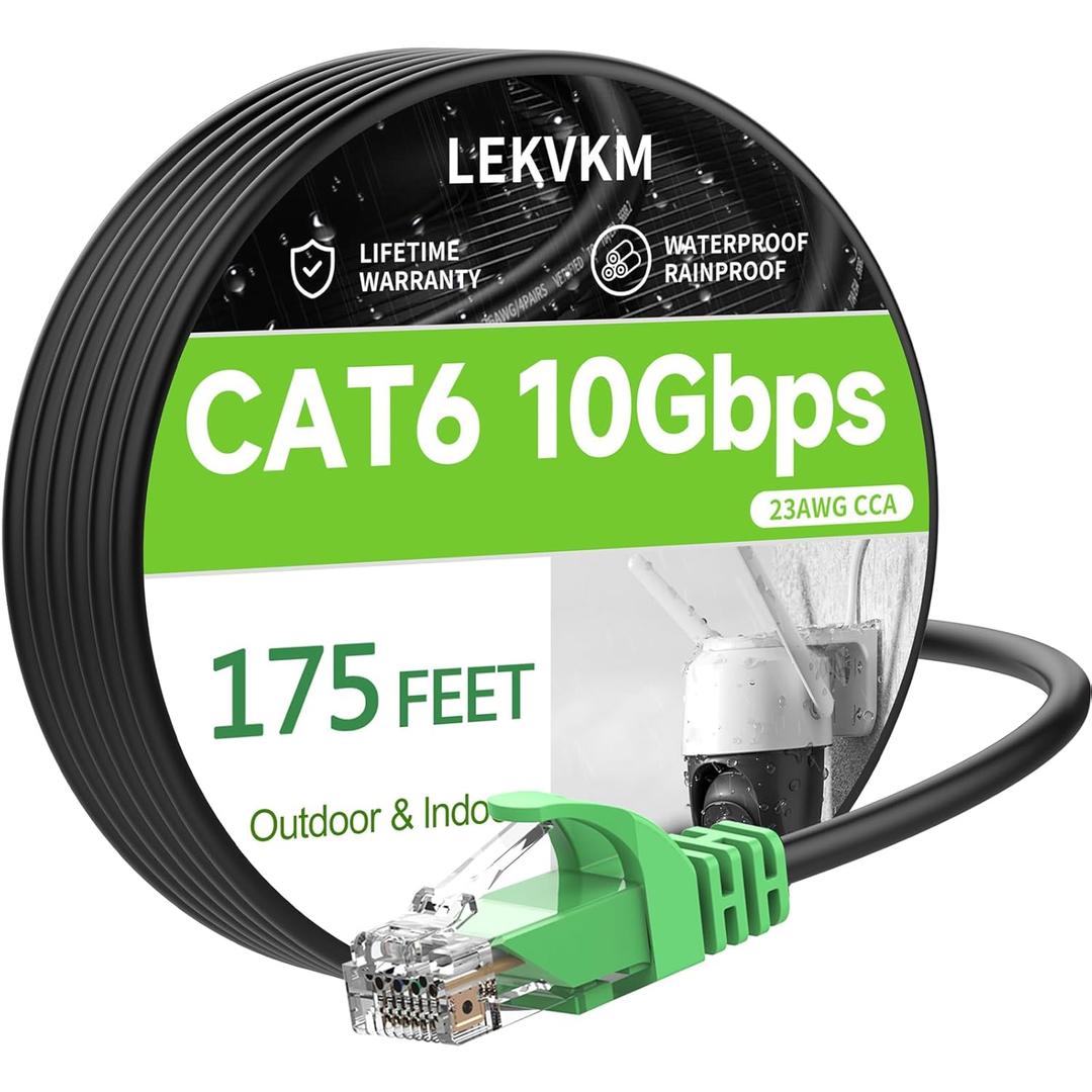 Cat 6 Ethernet Cable 175 ft High Speed 23AWG RJ45 Internet Cable for Outdoor & Indoor Support CAT6 Network Solid Black Computer LAN for PC175FEET Green Head