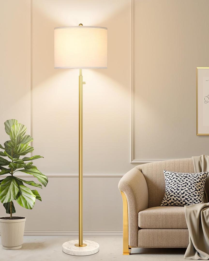 UpgradedDimmable Gold Floor Lamp for Living Room, 11W LED Bulb Included, Modern Standing Lamp with Marble Base, Tall Pole Light with White Linen Shade for Bedroom Reading Office Corner Nursery