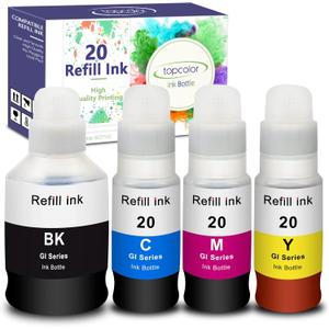 Compatible Dye Ink Replacement for Canon GI-20 GI20 Ink Bottles Refills Kit for Canon G6020 G7020 G5020 MegaTank Printers, 170mL Black Ink Refill, 70mL Cyan Magenta Yellow, 4 Packs