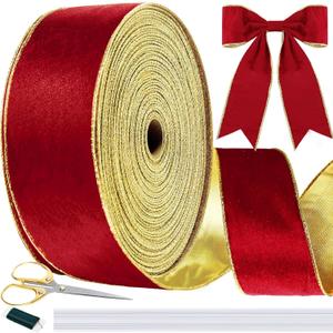 2.5 Inch x 30 Yards Christmas Velvet Gold Edge Wired Ribbon for Crafts Wreaths Supplies Embellishment Big Bow Wrapping Bouquet Cake Wedding Decor(Red)