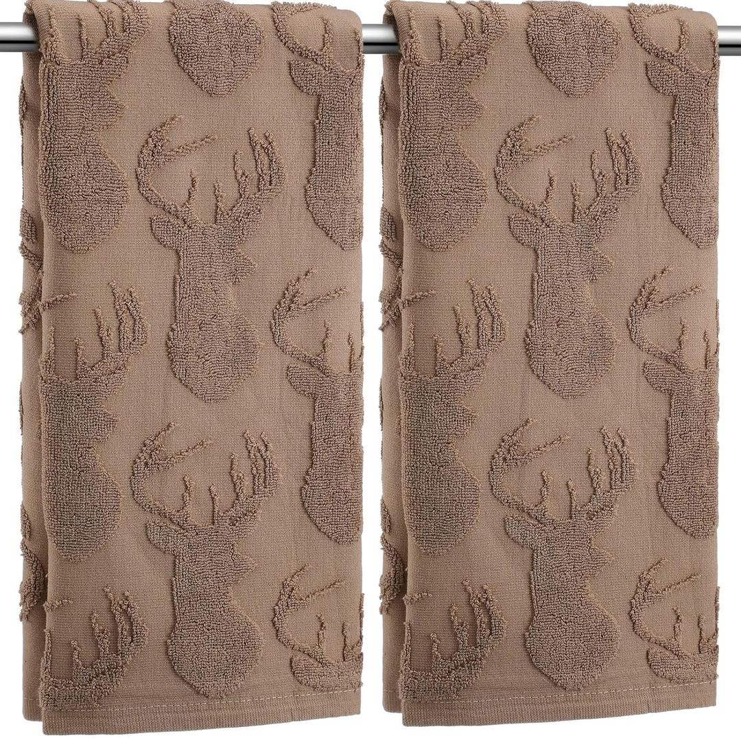 SmoothNovelty 2 Pcs Deer Hand Towels for Bathroom, Rustic Cabin Elk Moose 100% Cotton Absorbent Jacquard Weave Brown Decorative Towels for Bathroom Kitchen Decor Gift, 13.7 x 29.5 Inch