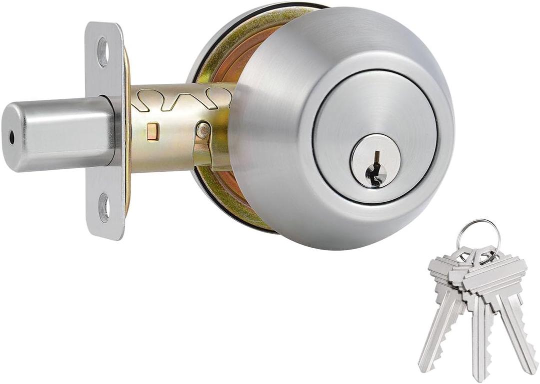 1 Side Keyed Deadbolt Lock,Single Cylinder Dead Bolt, Satin Nickel Round Exterior Keyed Front Entry Inside Door Deadbolt
