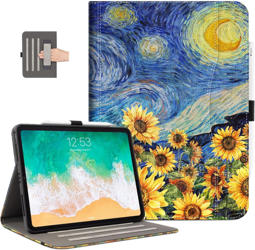 Case for iPad Air 11-Inch (M3/M2), iPad Air 5th/4th Generation 10.9 Inch, iPad Pro 11 Inch Case 4th/3rd/2nd/1st with Pencil Holder/Pocket/Hand Strap/Auto Wake Sleep, Starry Night Sunflowers