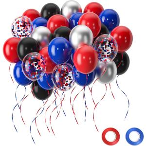 Renjiro Red and Blue Balloons, 50pcs 12 Inch Black Red Blue Confetti Silver Latex Balloons for Man Boys Kids Baby Shower Birthday Graduation Party Decorations
