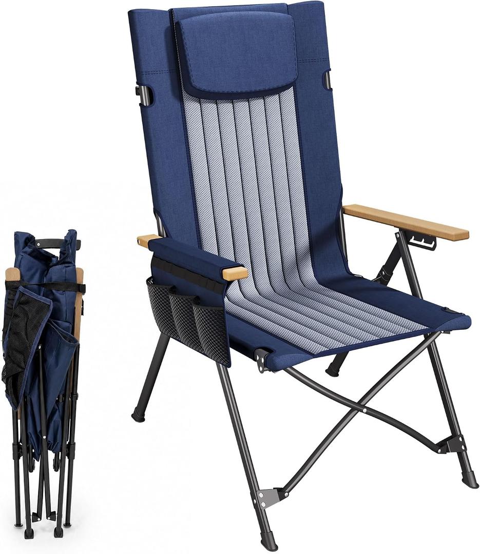 ATORPOK Camping Portable Folding Lawn Chairs for Adults, High Back Recliner | 350LBS Support, Adjustable Reclining Backrest, Integrated Headrest, Carry Bag Included, Outdoor Camping, Fishing, Beach Use