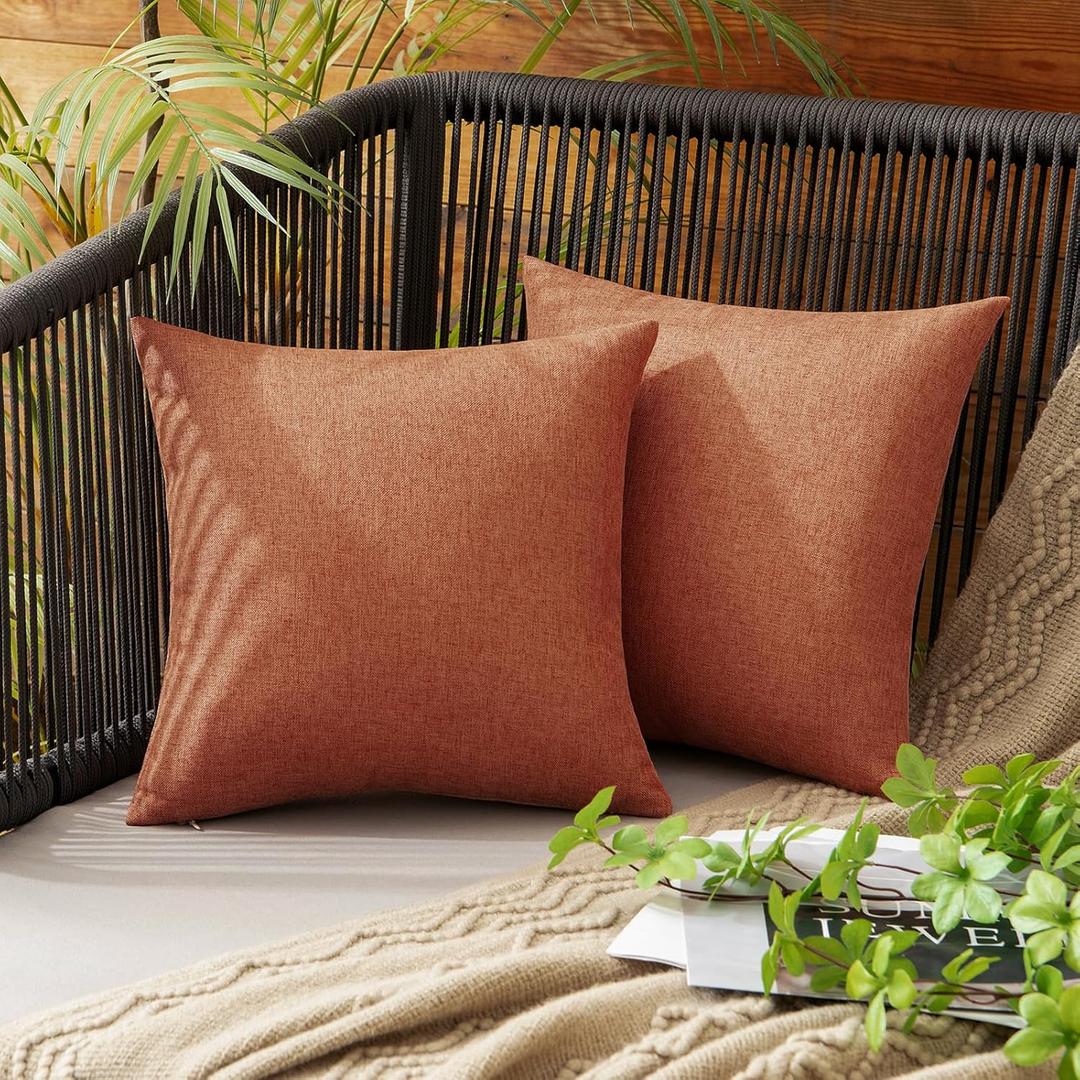 MIULEE Pack of 2 Decorative Outdoor Solid Waterproof Throw Pillow Covers Faux Linen Garden Farmhouse Cushion Cases for Summer Patio Tent Balcony Couch Sofa 12x12 Inch Rust