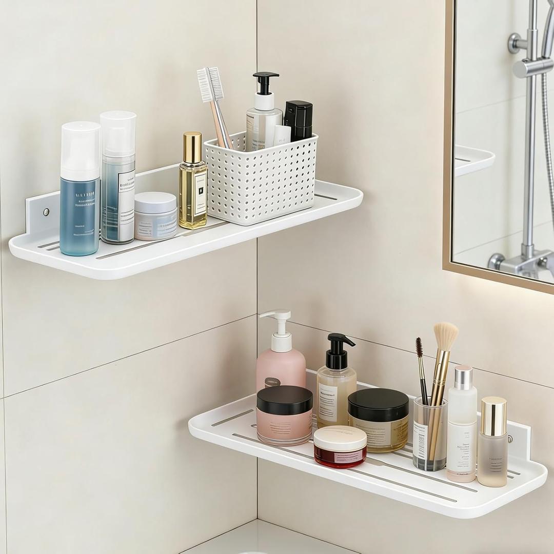 ACEXINYAN Wall Mounted Floating Shelf, Self Adhesive Shelf, No Drill Adhesive Wall Shelf, Floating Shelves Damage-Free Expand Walls Space for Living Room Kitchen Bathroom (2, White)