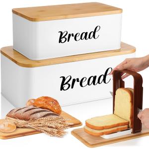 Teenyyou 2 Pcs Extra Large Bread Box with Slicer, Metal Farmhouse Bread Storage Container with Bamboo Cutting Board Lids Multi-size Breadbox Set for Kitchen Countertop (White)