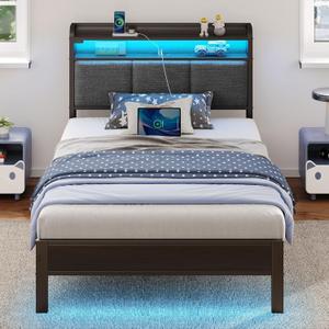 Rolanstar Bed Frame Twin Size with Charging Station and LED Lights, Upholstered Headboard with Storage Shelves, Heavy Duty Metal Slats, No Box Spring Need, Noise Free, Easy Assembly, Dark Grey