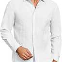 Makkrom Men's Casual Cotton Linen Button Down Shirts Cuban Guayabera Shirt Long Sleeve Summer Beach Tops, Large, White