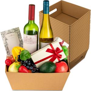 Fainne 16 Pcs Extra Large Empty Baskets for Gifts Bulk 12x10 Inch Kraft Cardboard Gifts Baskets Trays with Handles for Christmas Birthday Thanksgiving Valentines Wedding Holiday Party Supplies
