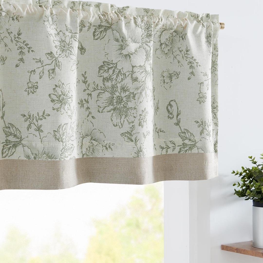 jinchan Linen Floral Valance Double Layer Kitchen Window Curtain Green Flower on Beige Valance for Living Room Cafe Farmhouse Light Filtering Rustic French Country Sage 16 Inch Rod Pocket 1 Panel