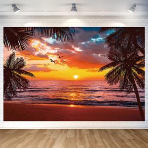 Beach Sunset Glow Backdrop Seaside Coconut Palm Trees Wall Banner Hawaii Beach Photography Background for Birthday Party Baby Shower Decoration Supplies 70.8 x 47.2 Inch
