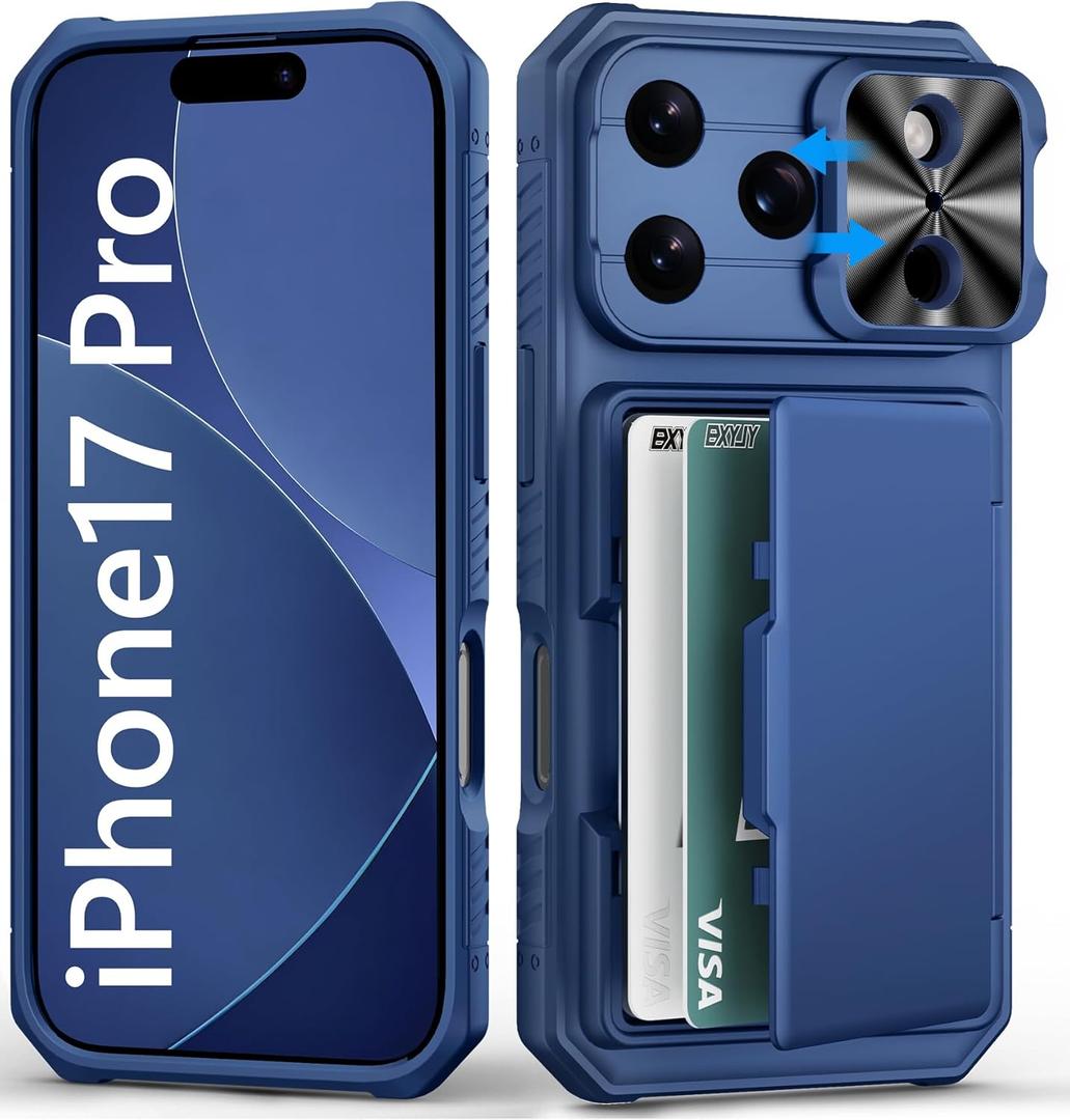 For iPhone 17 Pro Case Wallet with Card Holder (4-5 Cards), Slide Camera Cover, Military Grade Drop Shockproof, Heavy Duty Rugged Women Men Phone Case for iPhone 17 Pro 6.3" 2025, Blue