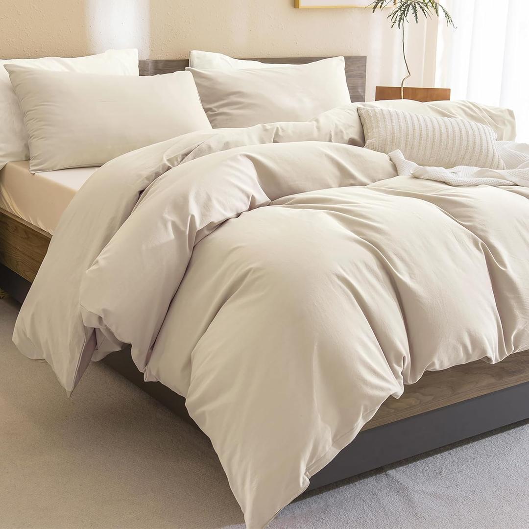 Sanracie Queen Size Comforter Set, Washed Cotton Linen Feel Bedding Comforter Sets 3 Pieces(1 Solid Wheat Colored Comforter +2 Pillowcases) Soft Lightweight Aesthetic Bedding Sets Queen All Season