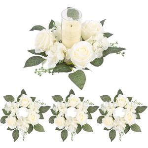 4PCS Candle Rings, Floral Candle Wreath Rings, Silk Roses Hydrangea Flowers Candle Wreaths Rings for Table Centerpieces Wedding Valentine's Day Party Decor (Cream White)
