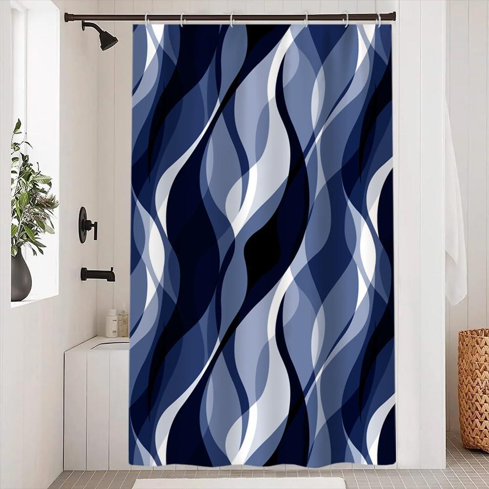Navy Blue Shower Curtain, Black and Blue Striped Shower Curtain Set for Bathroom Modern Waterproof Bathroom Decor with Hooks, 48x72 Inch