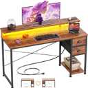 55 Inch Computer Desk with Power Outlets & LED Lights, Home Office Desk with Storage Drawers and Monitor Stand, Writing Work Study Desk for Bedroom Living Room (Rustic Brown)