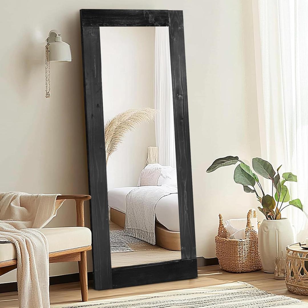 Full Length Mirror 58"x24"  Solid Wood Frame, HD Tempered Glass, Wall Mounted & Leaning, Rustic Modern Decor for Bedroom, Living Room, Entryway, Black