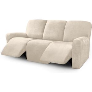 ULTICOR Velvet 8-Pieces Recliner Sofa Covers Stretch Reclining Couch Covers for 3 Cushion Reclining Sofa Slipcovers Furniture Covers Thick Soft Washable (3 Seater Recliner Cover, White) (Ivory)