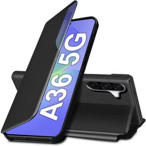 Galaxy A36 Flip Case for Samsung Galaxy A36 5G Case, Clear View Slim Fit Leather Cover for Samsung A36 Phone Case with Kickstand Rugged Heavy Duty Shockproof Bumper Shell (6.64 Inches, 2025) (Black)