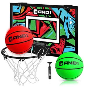 AND1 Over The Door Mini Hoop: - 18”x12” Pre-Assembled Portable Basketball Hoop with Flex Rim, Includes Two Deflated 5” Mini Basketball – Green/Red (5A1GT0110E0E2)