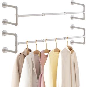 IBUYKE Industrial Pipe Clothes Rack Set of 2, 50 Inch Wall Mounted Clothing Rack, Space-Saving Hanging Closet Rod, Heavy Duty Multi-Purpose Garment Rack for Laundry Room(4 Bases), White TYJ002W-2