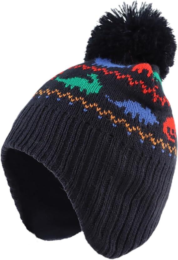 Zsedrut Toddler Baby Beanie Boys Girls Warm Hat Winter Kids Beanies with Fleece Lining (4-8 Years, Dinosaur Style-Navy Hat)