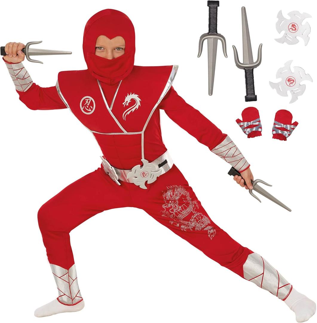 Morph Deluxe Boys Ninja Costume With Ninjas Warrior Toy Accessory, Kids Ninja Costumes, Boy Halloween Costume (Medium, Red)