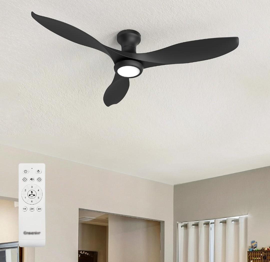 Ensenior 52 Inch Flush Mount Ceiling Fan with Light and Remote, Black Low Profile Ceiling Fans with Lights for Bedroom Living Room, 3 ABS Blades, Modern Quiet Reversible DC Motor, 3CCT, 6 Speeds
