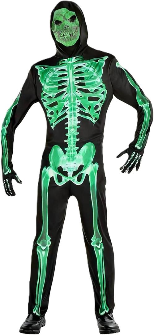 XXLOG Adult Skeleton Costume Glow in the Dark Skeleton Jumpsuit with Hooded Cosplay Halloween Costumes (Black, XL)