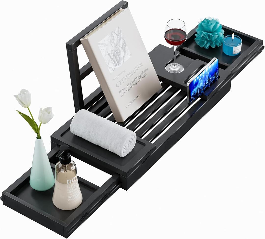 Yirilan Bamboo Bathtub Tray, Expandable Bathroom Tray, Waterproof Tray Caddy, Perfect Bath Caddy for Home Spa, Gift for Loved Ones, Black