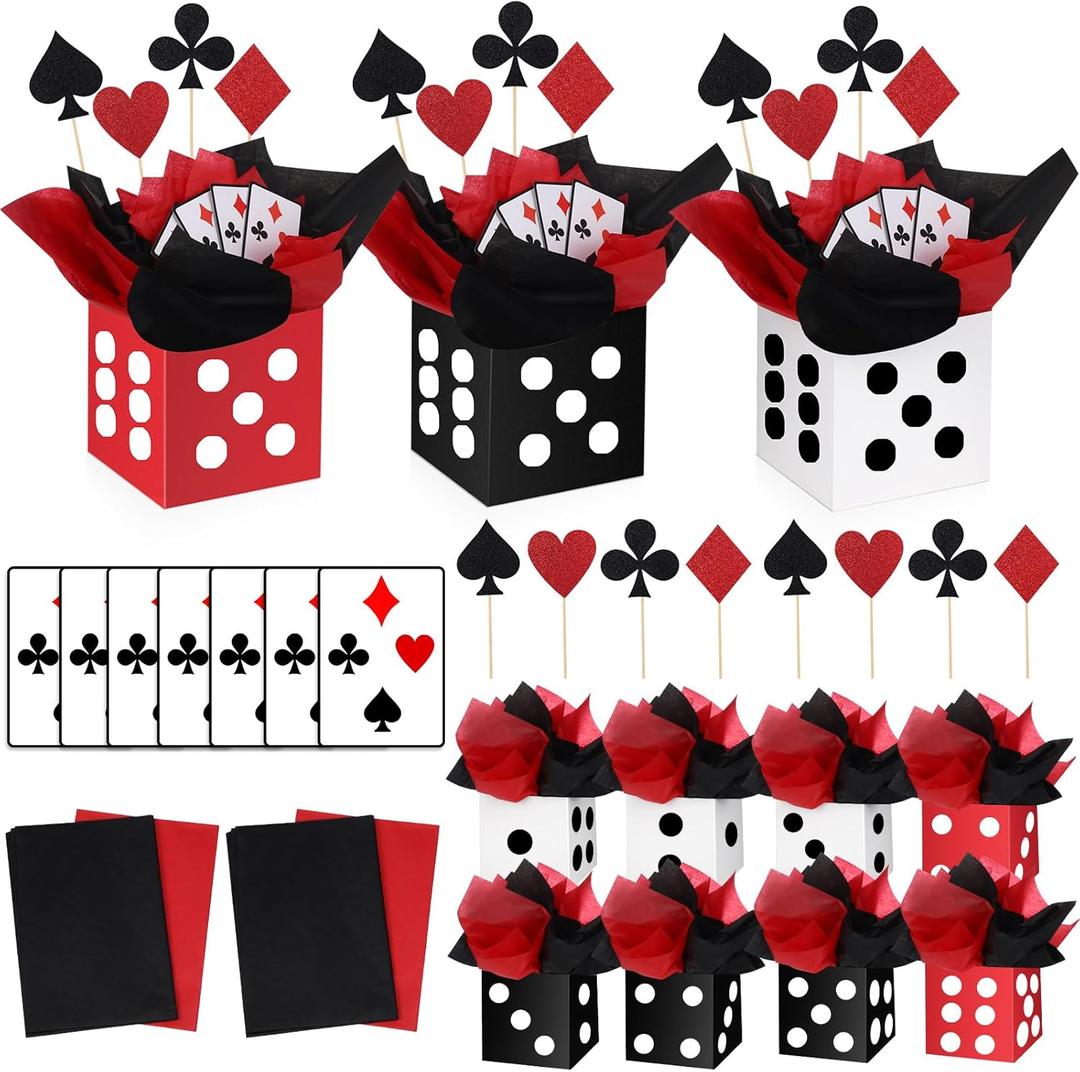 8 Sets Casino Theme Party Decorations Dice Centerpieces for Tables Casino Night Table Party Toppers with White, Black, Red Dice Box Poker Cutouts and Sticks for Night Decor Birthday