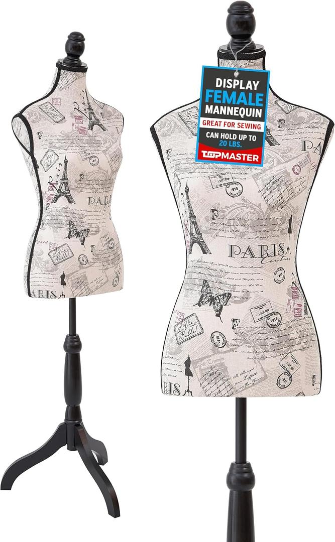 Mannequin - Adjustable Height, Durable Foam and Canvas Construction, Wooden Base, Compact Shoulder Width, Lightweight, Versatile Display for Clothing and Accessories, Black & White