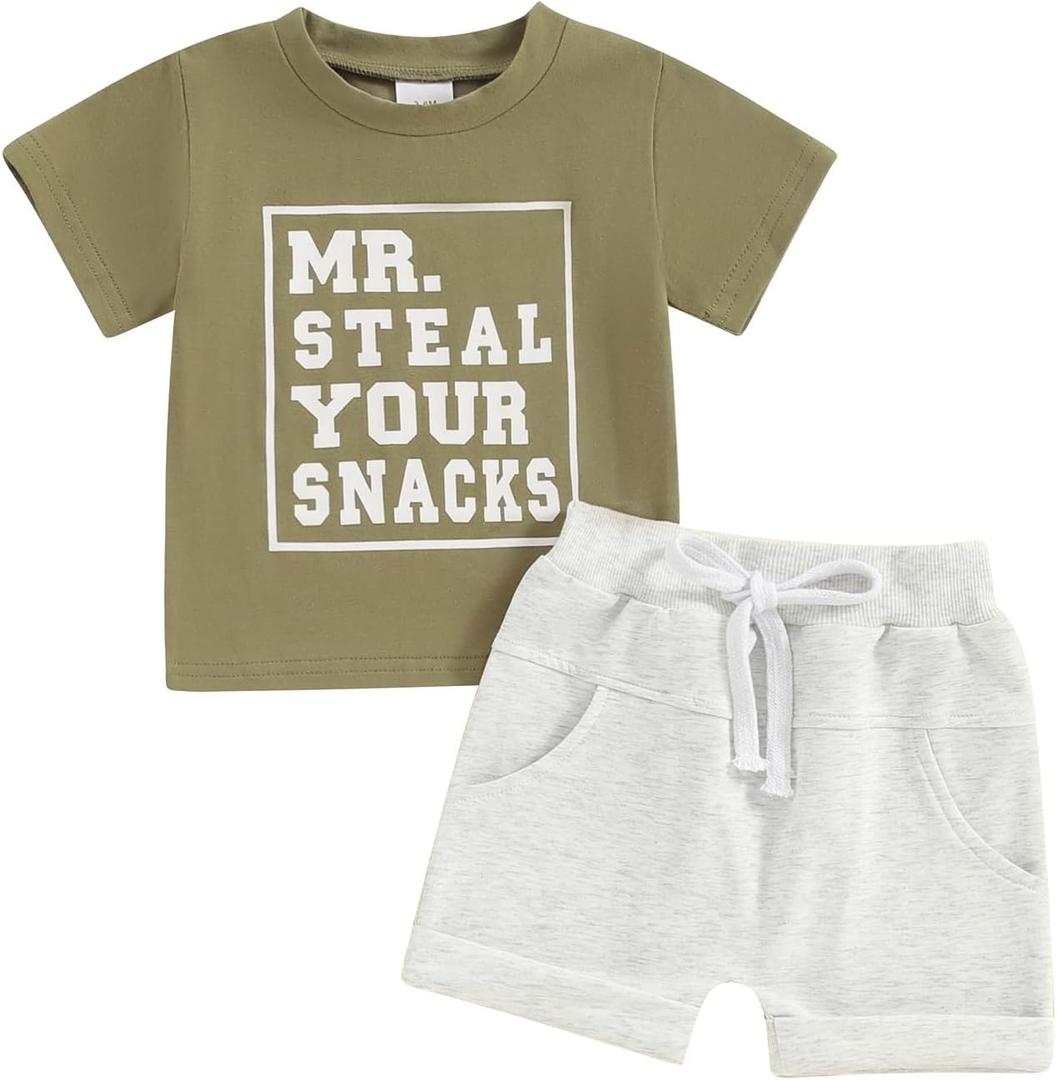 Toddler Baby Boy Summer Clothes Letter Print Short Sleeve Shirt Tops and Shorts Set Summer Outfit 2Pcs (0-6 Months)