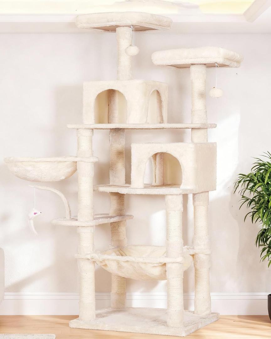 Heybly Cat Tree, 70 inches Tall Cat Tower Condo with Toy for Indoor Large Cats, Cat House Furniture with Padded Plush Perch, Cozy Hammock and Sisal Scratching Posts, Beige HCT032M