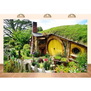7x5ft Fabric Hobbiton Cave Backdrop New Zealand Hobbiton Log Cabin Photography Background Yellow Wooden Door Green Grass Flowers Fence for Birthday Party Decor