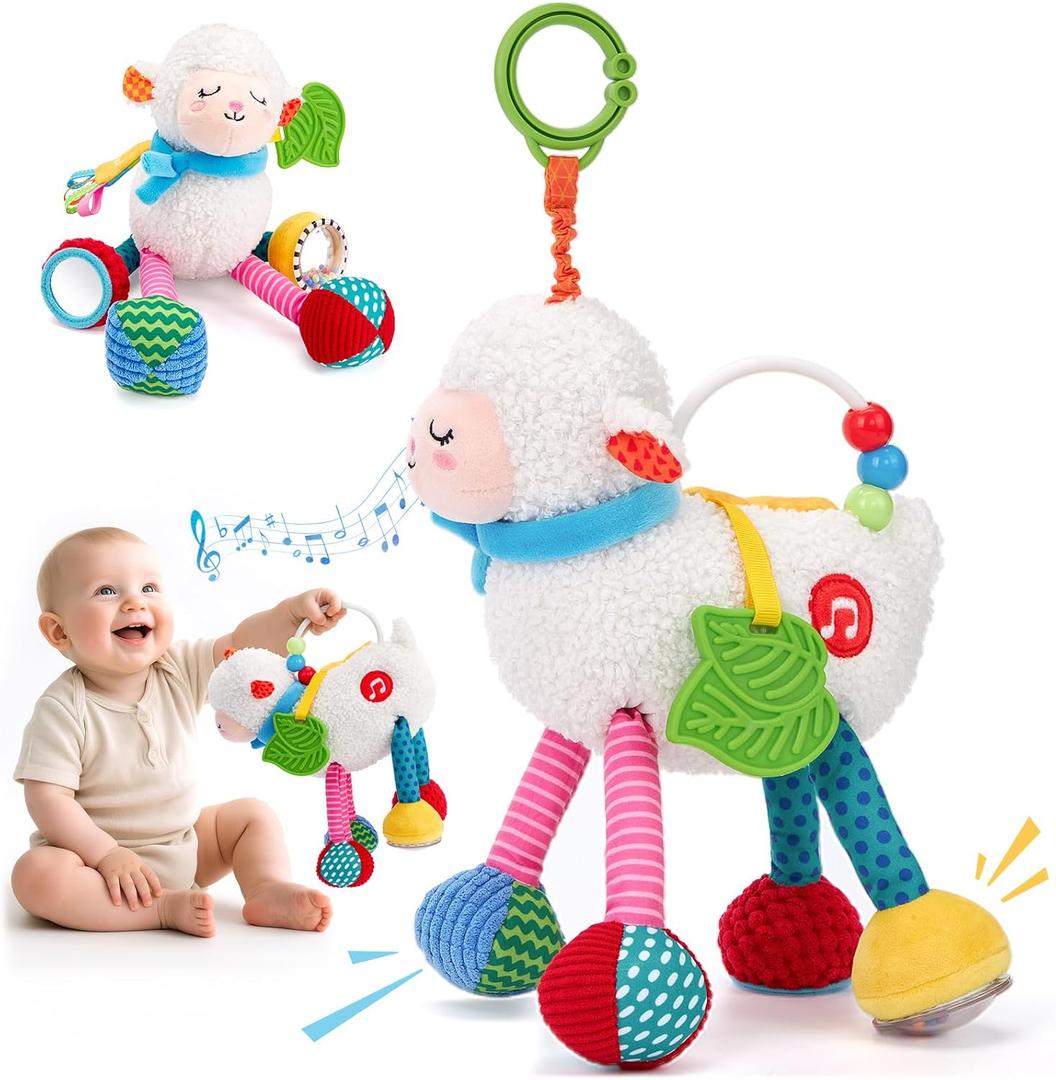 hahaland Baby Toys 0-6 Months - Baby Sensory Toys 0-3-6 Months Car Seat Toy Hanging - Musical Animals with Pull String Rattle Teether Crinkle Mirror, Crib Stroller Toy Tummy Time Easter Gifts for Baby