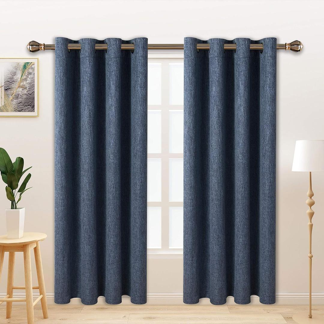 LORDTEX Linen Look Textured Blackout Curtains with Thermal Insulated Liner - Heavy Thick Grommet Window Drapes for Bedroom, 50 x 84 Inches, Blue, Set of 2 Panels