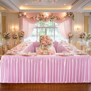 21ft Length Pink Satin Table Skirt for Rectangle Tables-Wrinkle Resistant Ruffle Table Skirting Glitter Desk Cover Skirt for Baby Shower Birthday Party Wedding Banquet Dining Table Decorations
