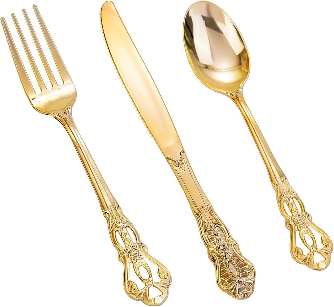 150 Pieces Gold Plastic Silverware - Heavy Duty Gold Disposable Utensils - Fancy Plastic Cutlery Set Includes 50 Forks, 50 Spoons, 50 Knives for Holidays Parties Weddings