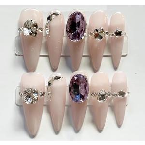 M·Q NAIL,Press on nails, Tips long nails,Hand drawn,Includes 48 jelly glue and 2 cuticle sticks and 2 rubbing strips (Naked colo inlaid with purple glass diamonds, M)