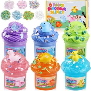 6 Pack Dinosaur Slime Kit for Kids, DIY Slimes Sets Colorful Sensory Toys Non-Sticky Stress Relief Party Favors Birthday Gifts for Boys Girls