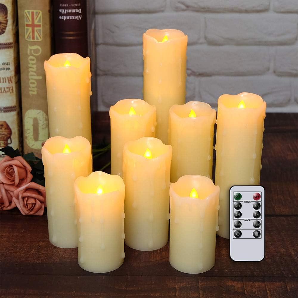 DRomance Flameless Flickering Candles Battery Operated with Remote and Timer, Set of 9 Dripping Real Wax Warm Light LED Pillar Candles for Holiday, Christmas Decoration(Ivory, 2.2" D x 4"-9" H)